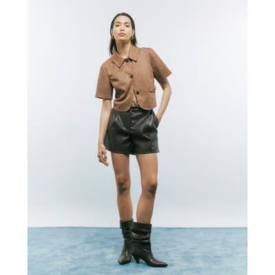 Beige Faux Suede Pocket Detail Shirt
