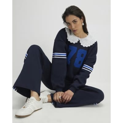 Navy Long Sleeve Collared Number Sweatshirt