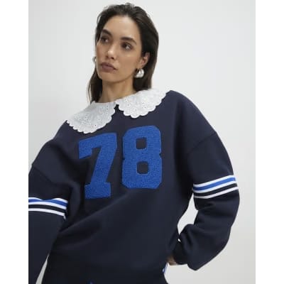 Navy Long Sleeve Collared Number Sweatshirt