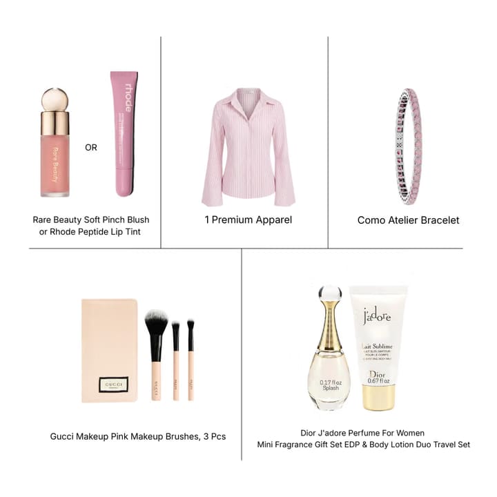 The Girl Kit (THE OBSESSION EDIT)  — Everything She Wants | Rare Beauty / Rhode, Premium Apparel, Jewelry, Gucci Kit, Dior Kit and more— Worth ₹ 20,499