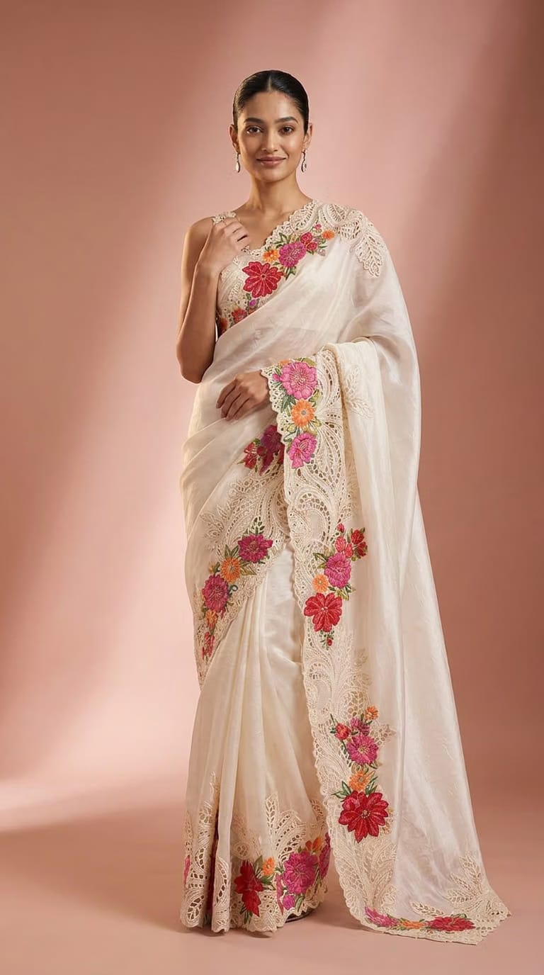 Celestial Mint Pure Silk Saree With Floral Embroidered Lace Border