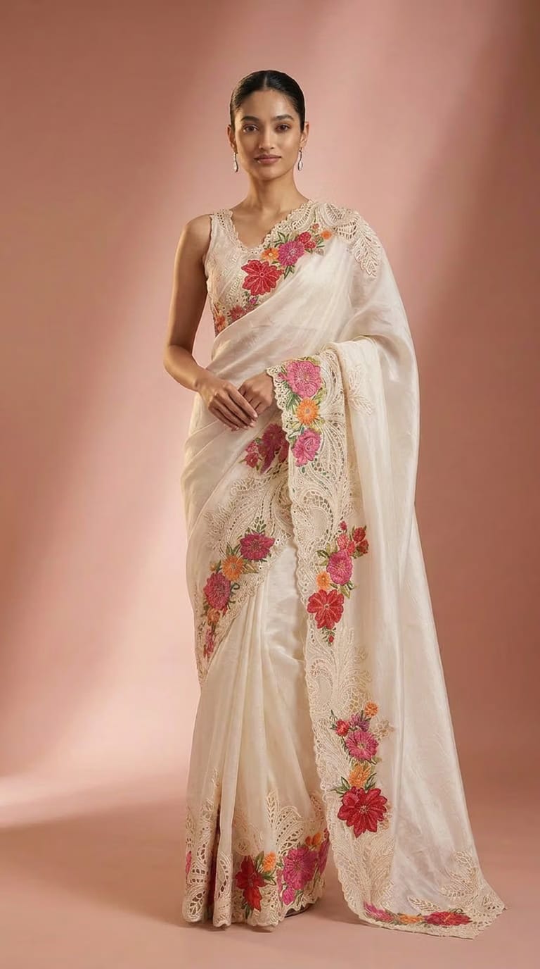 Celestial Mint Pure Silk Saree With Floral Embroidered Lace Border