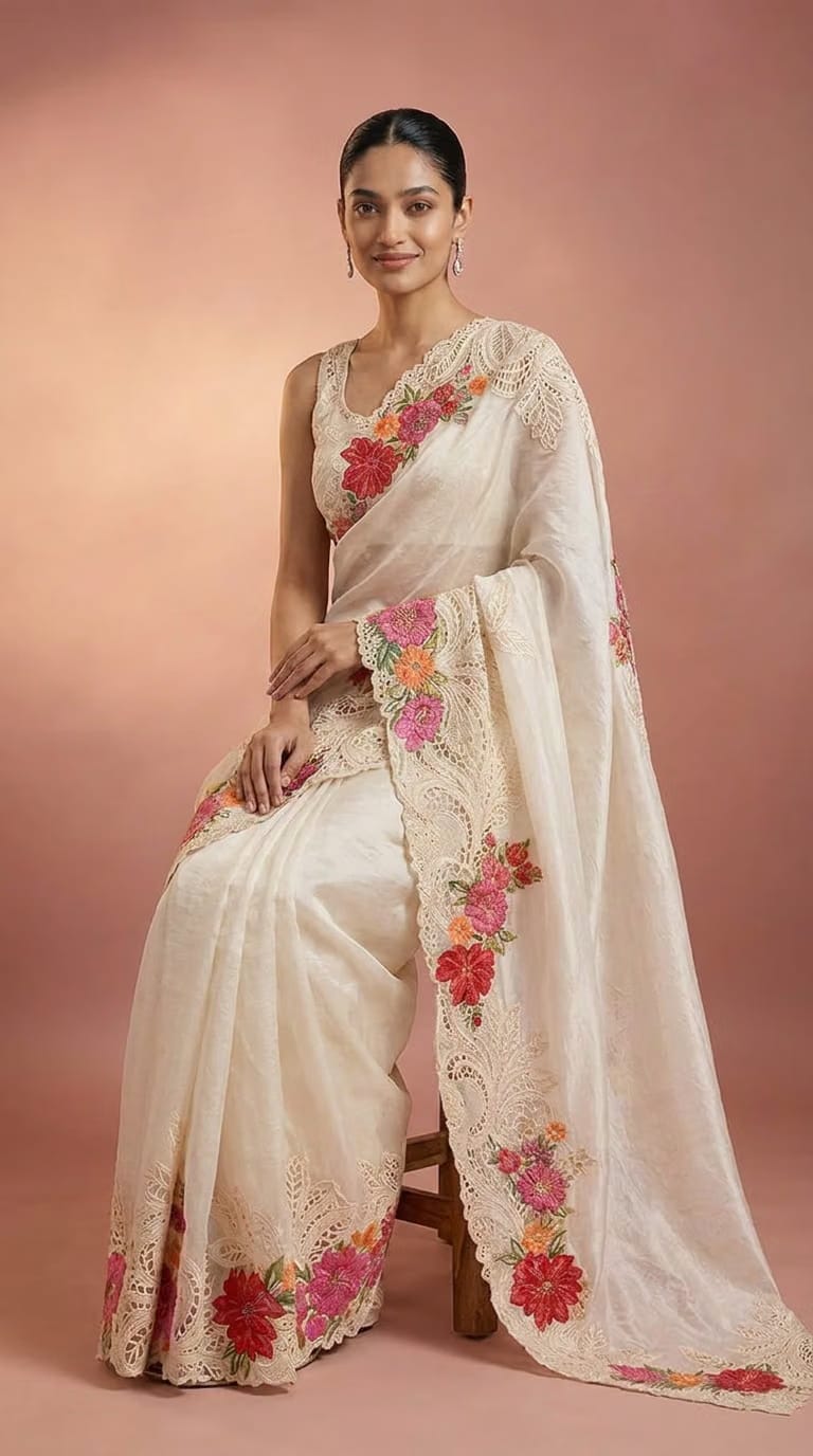 Celestial Mint Pure Silk Saree With Floral Embroidered Lace Border
