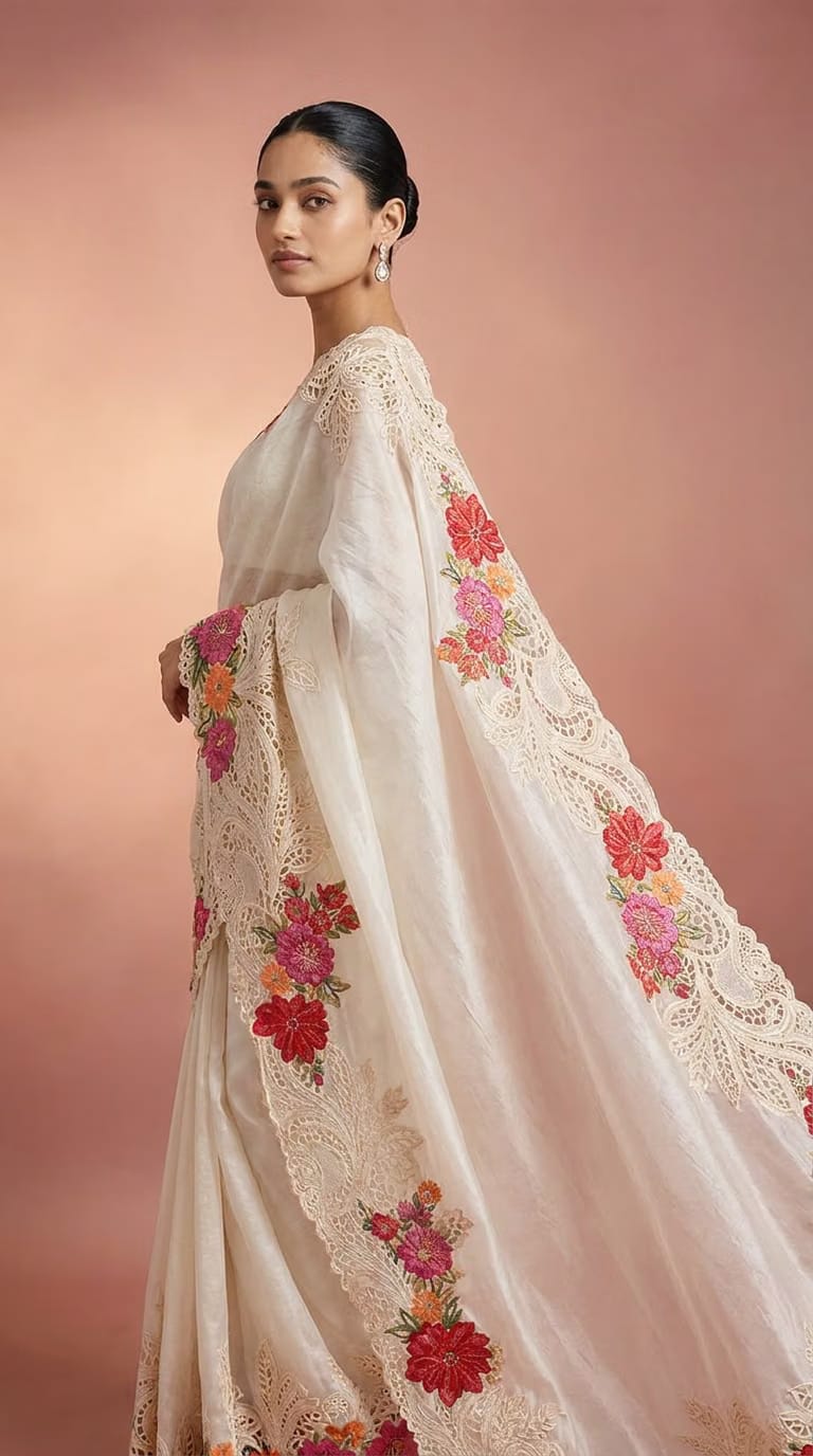 Celestial Mint Pure Silk Saree With Floral Embroidered Lace Border