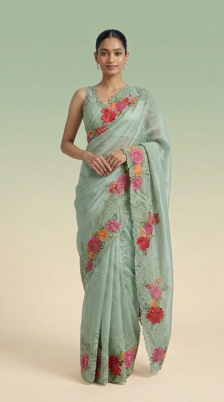 Ivory Blossom Pure Silk Saree With Floral Embroidered Lacework