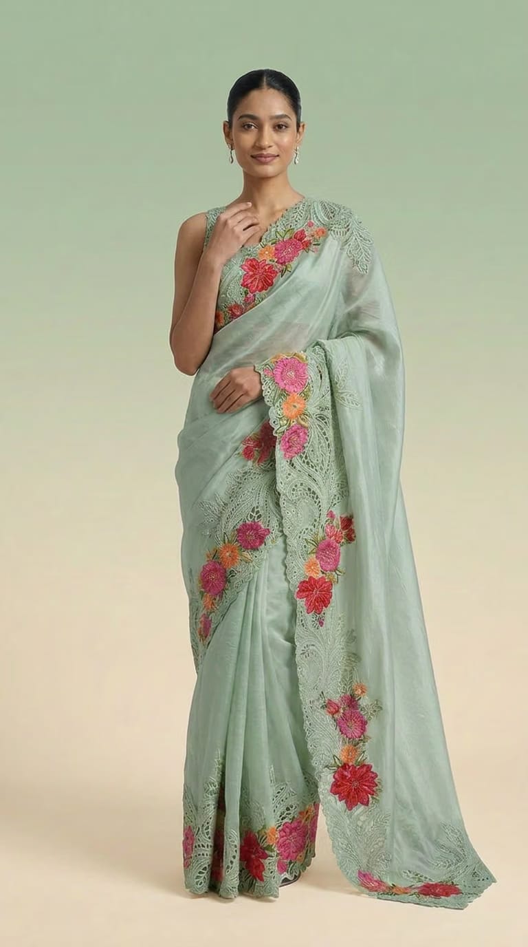 Ivory Blossom Pure Silk Saree With Floral Embroidered Lacework