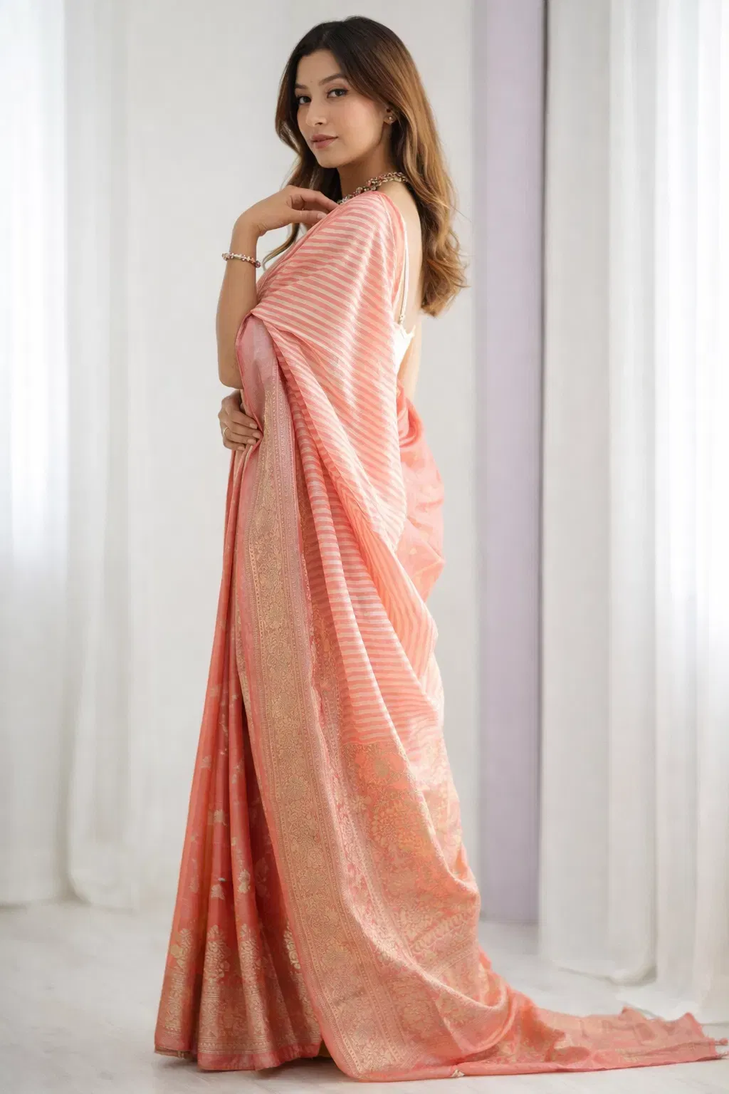 Champagne Bloom Pure Silk Saree With Multicolor Floral Embroidery