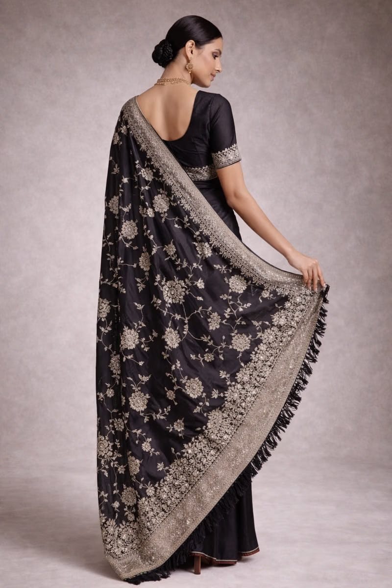Onyx Heritage Banarasi Pure Silk Saree With Delicate Silver Zari