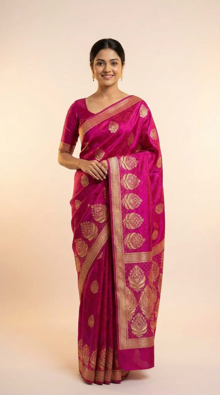 Rani Gulab Banarasi Silk Saree With Royal Gold Zari