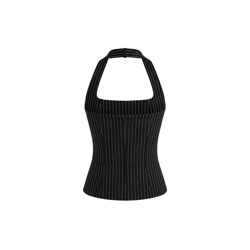 Elara Voss Structured Pinstripe Black Top
