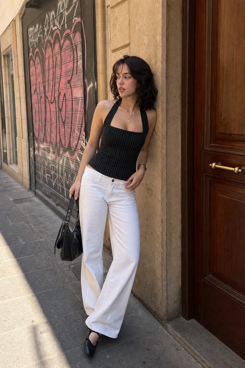 Elara Voss Structured Pinstripe Black Top