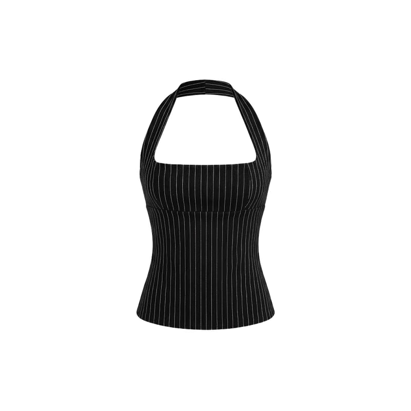 Elara Voss Structured Pinstripe Black Top