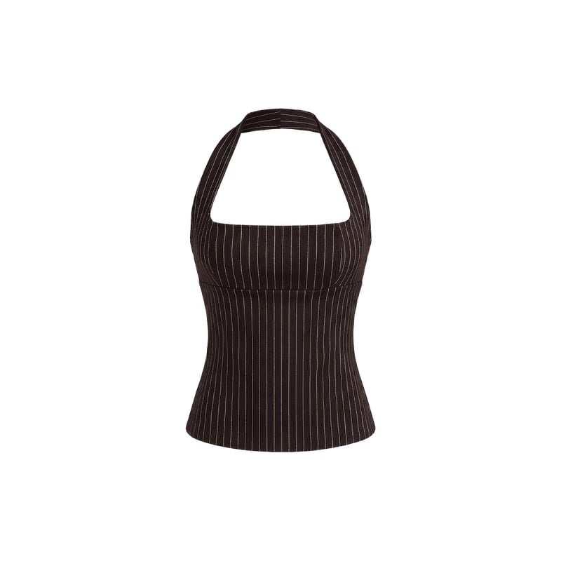 Elara Voss Structured Pinstripe Cocoa Top