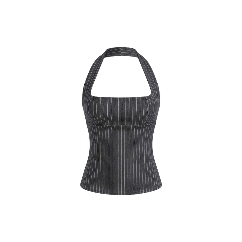 Elara Voss Structured Pinstripe Gray Top
