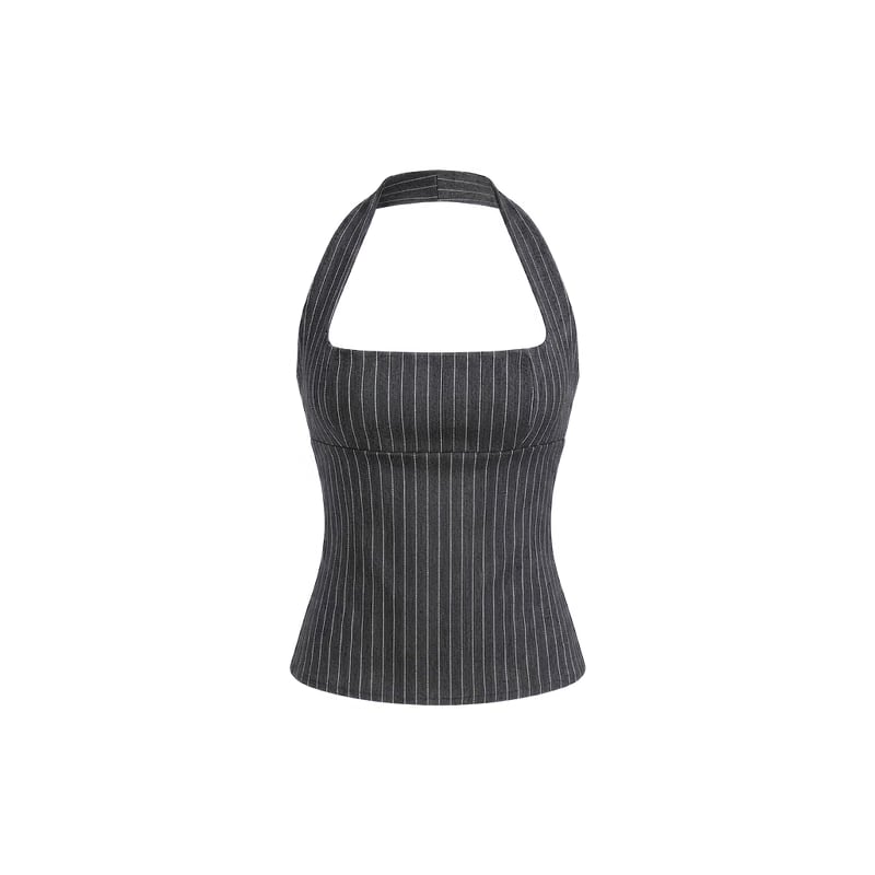 Elara Voss Structured Pinstripe Gray Top