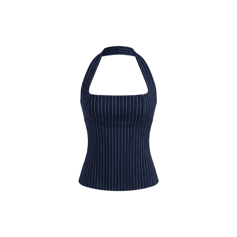Elara Voss Structured Pinstripe Midnight Top