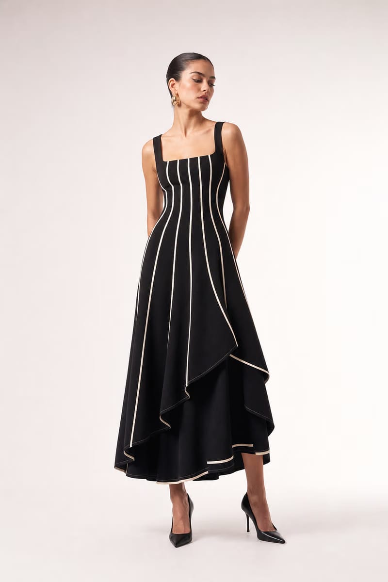 Valeria Contrast Panel Midi Dress - Black Ivory
