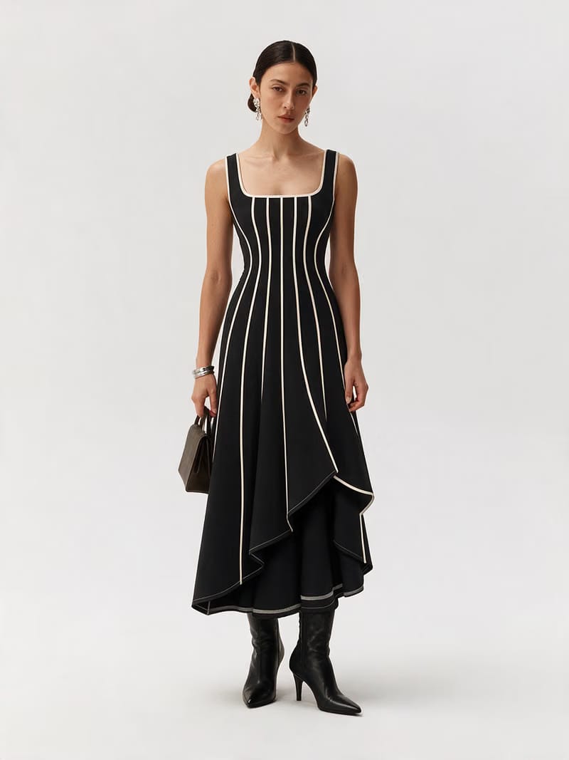 Valeria Contrast Panel Midi Dress - Black Ivory