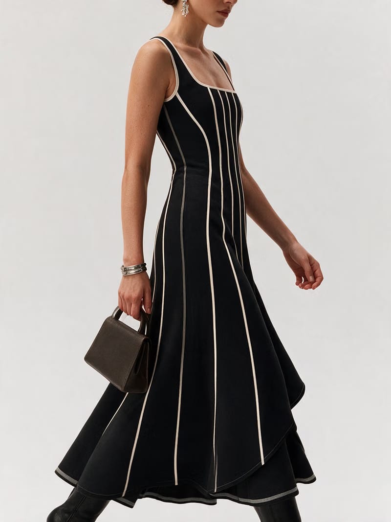 Valeria Contrast Panel Midi Dress - Black Ivory