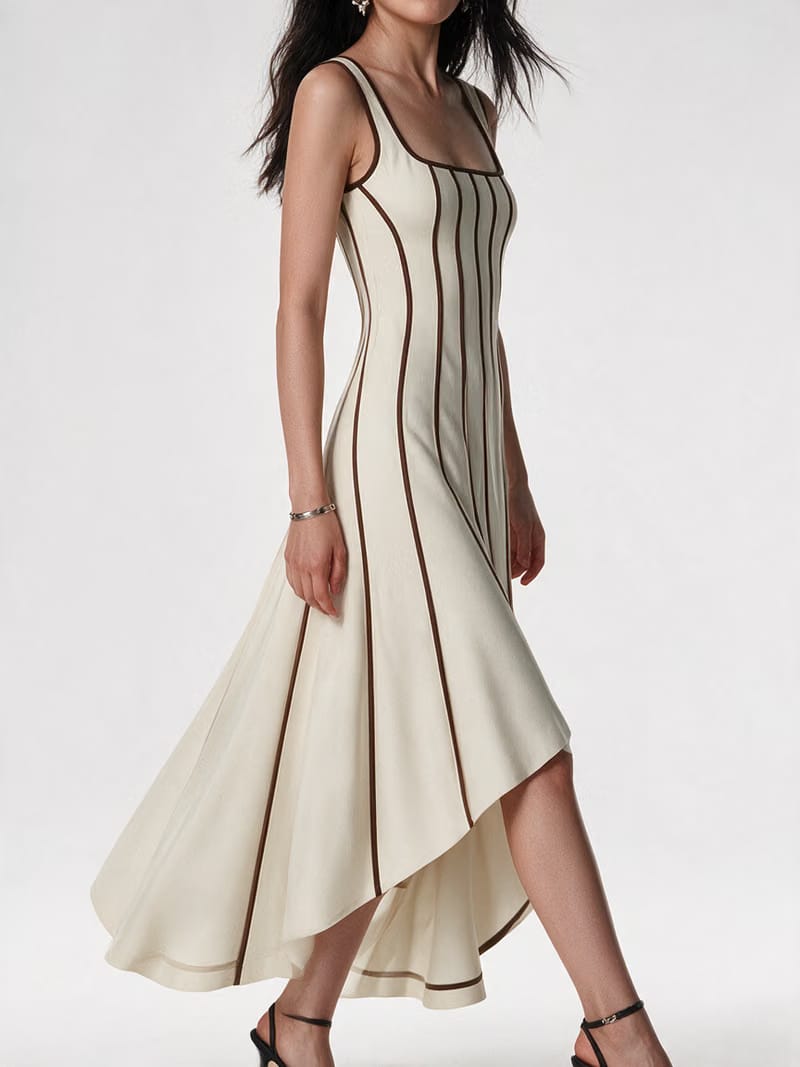 Valeria Contrast Panel Midi Dress - Ivory Brown