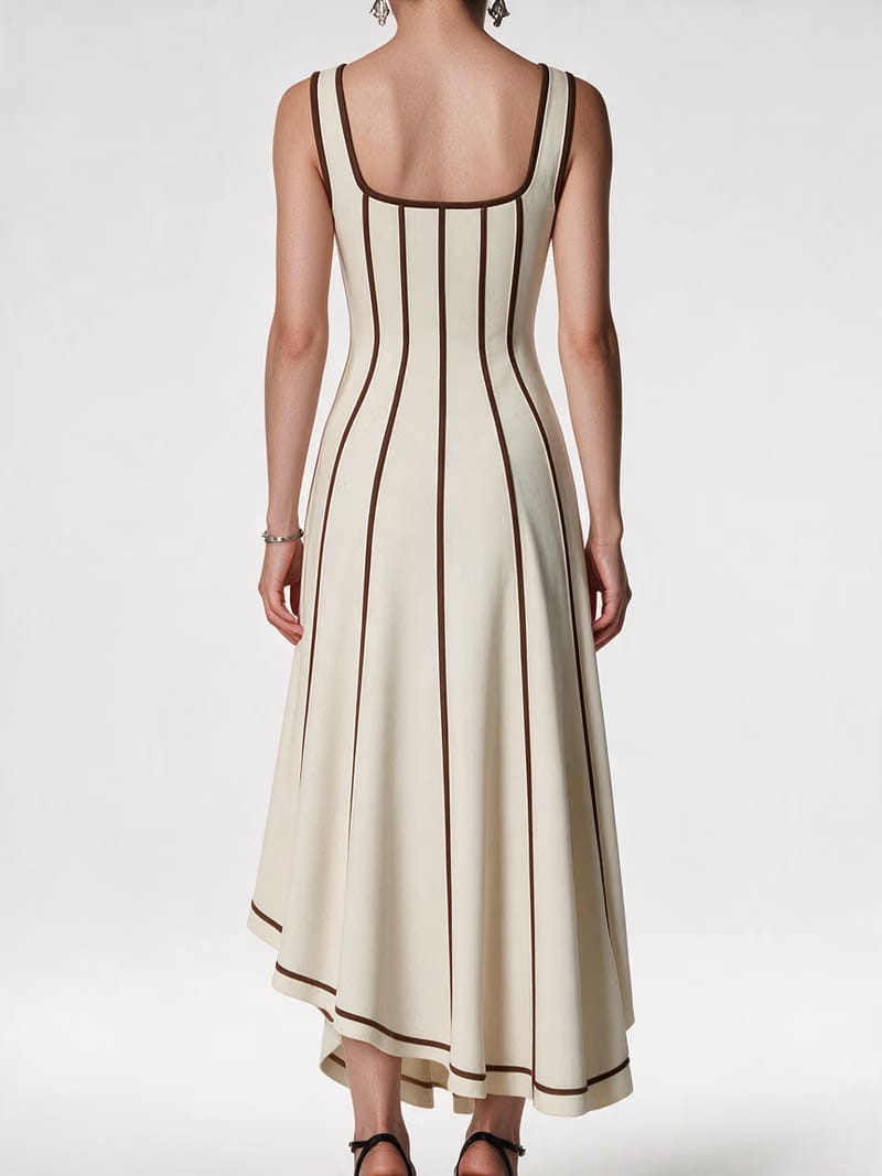 Valeria Contrast Panel Midi Dress - Ivory Brown