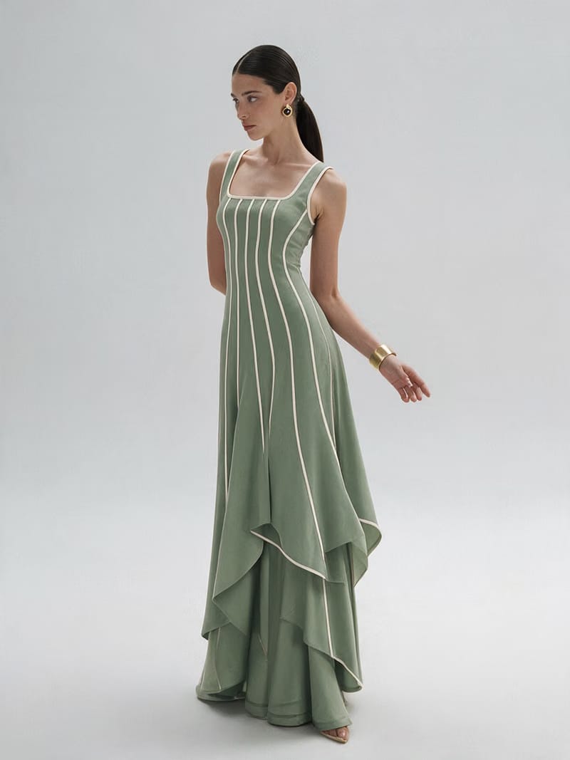 Valeria Contrast Panel Midi Dress - Sage Ivory
