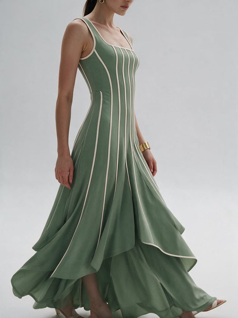 Valeria Contrast Panel Midi Dress - Sage Ivory