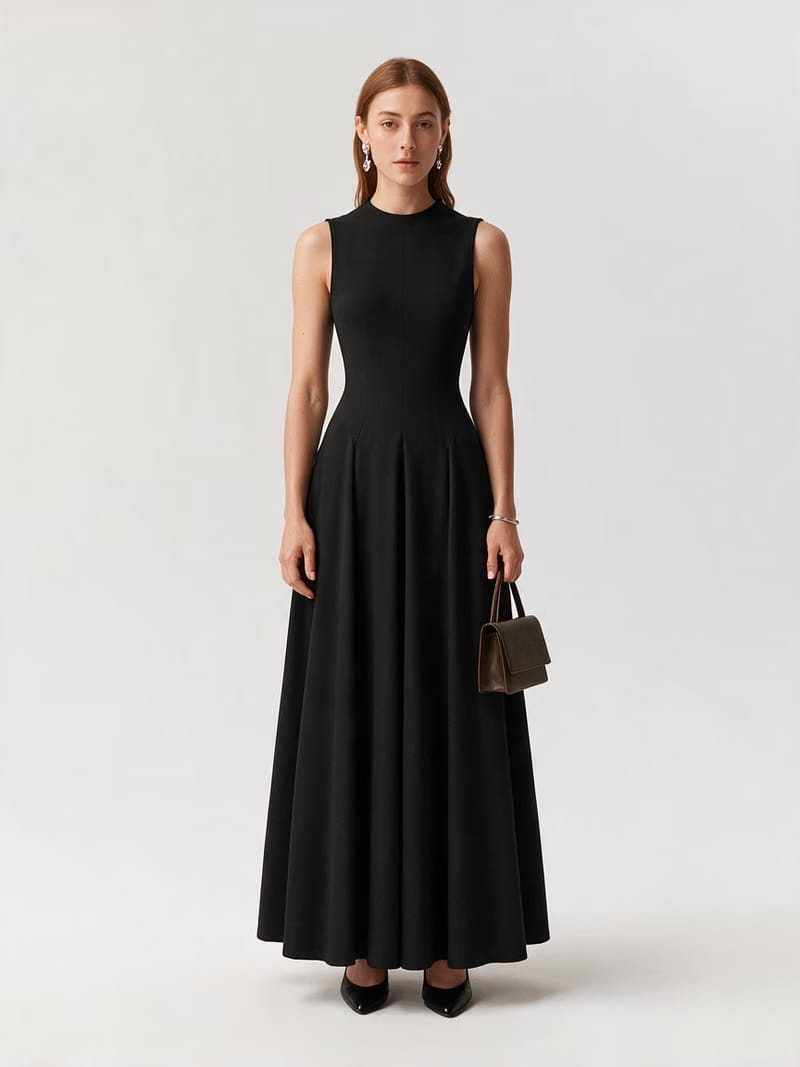 Valeria Flared High Neck Midi Dress - Black
