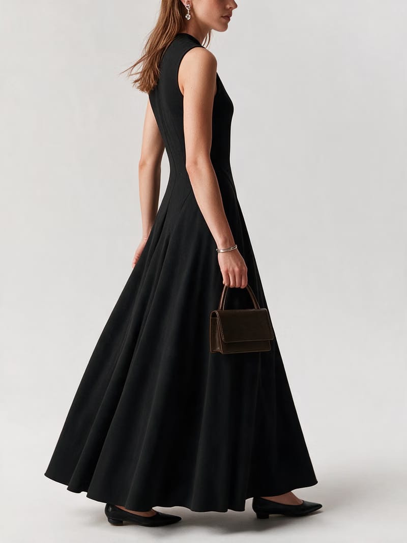 Valeria Flared High Neck Midi Dress - Black