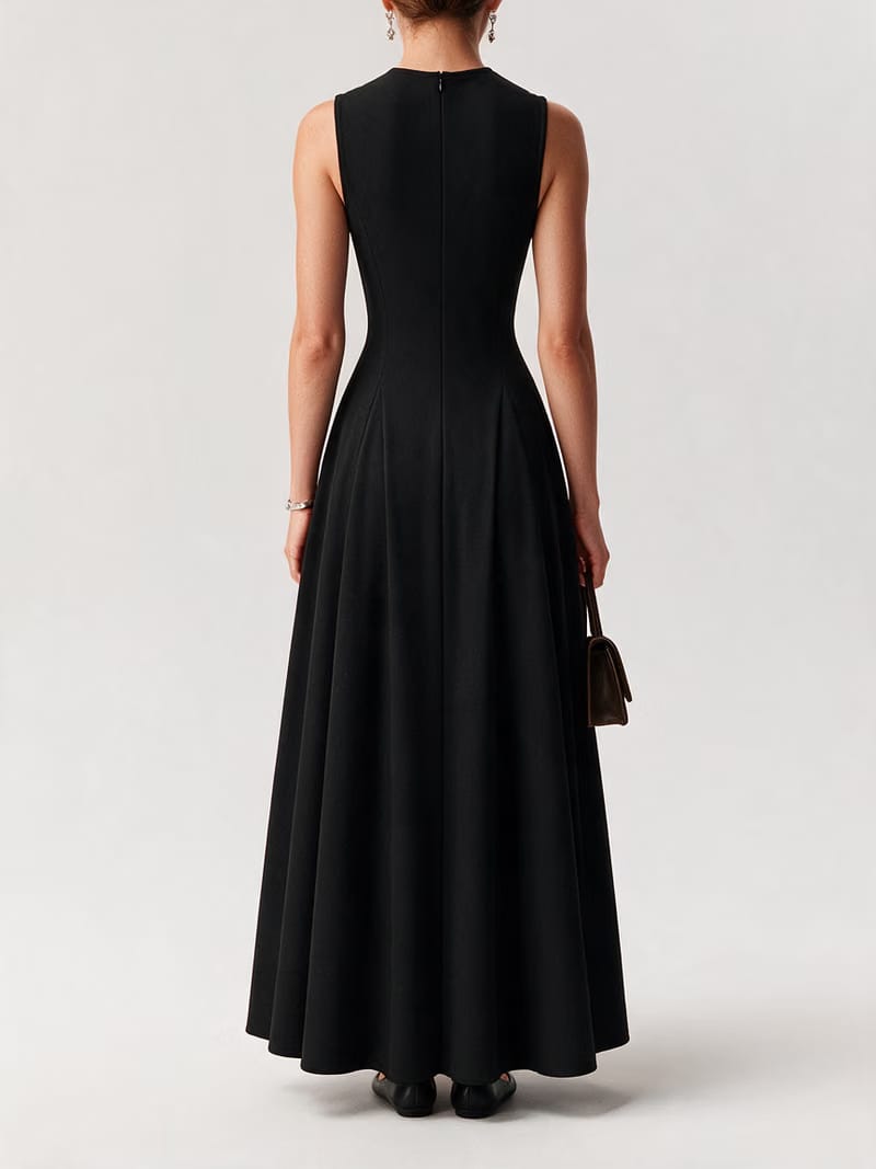 Valeria Flared High Neck Midi Dress - Black