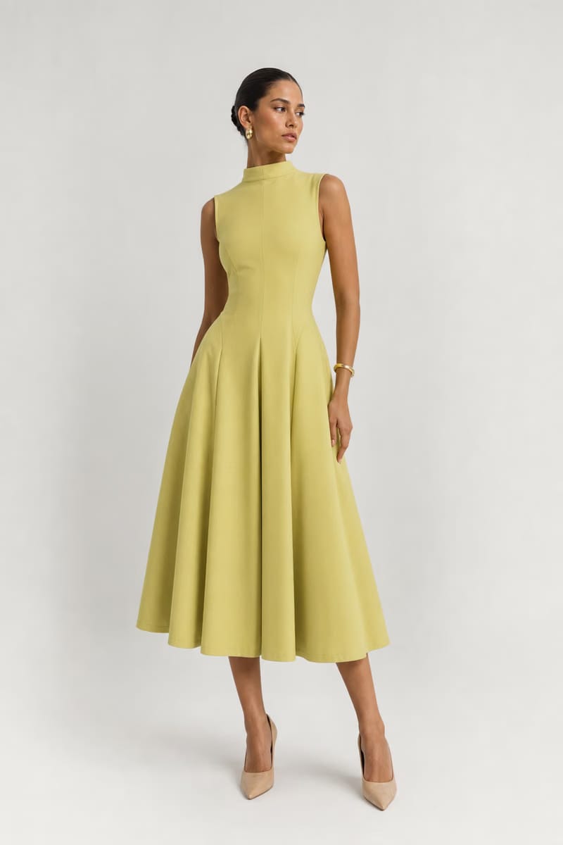 Valeria Flared High Neck Midi Dress - Citron Yellow