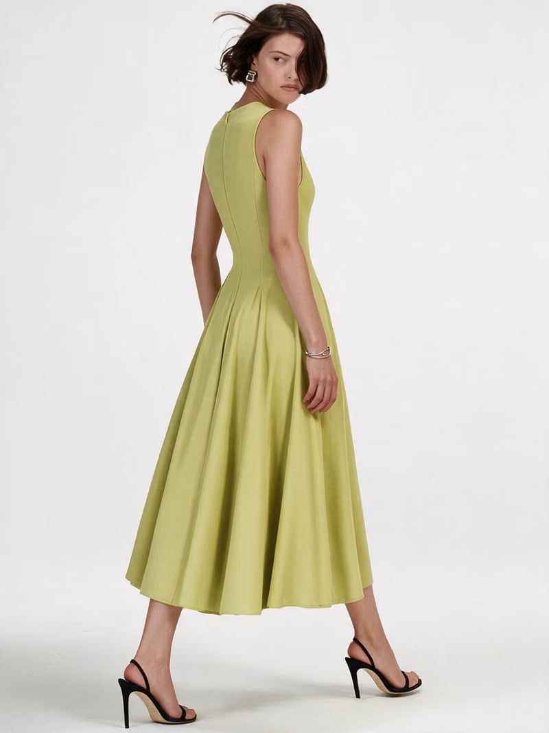 Valeria Flared High Neck Midi Dress - Citron Yellow