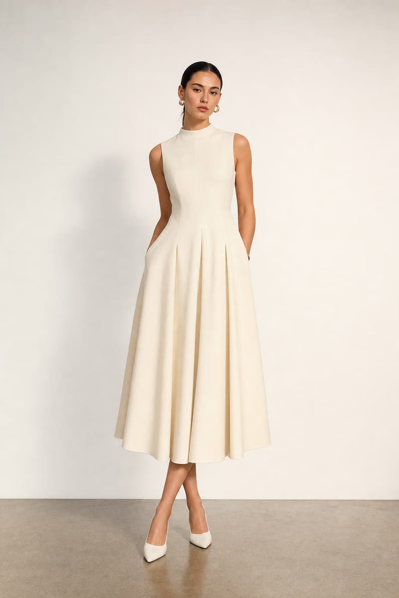 Valeria Flared High Neck Midi Dress - Ivory