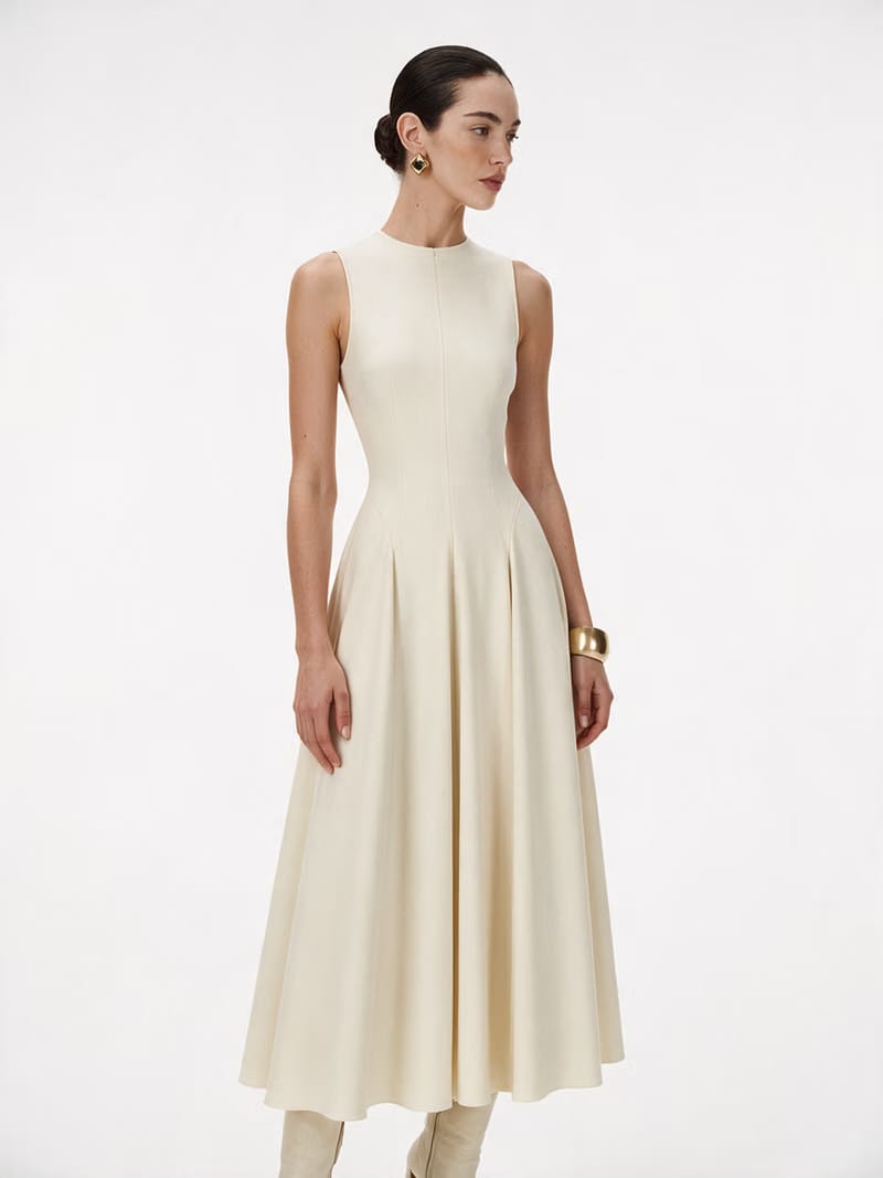 Valeria Flared High Neck Midi Dress - Ivory