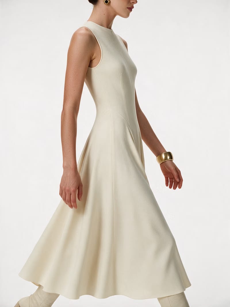 Valeria Flared High Neck Midi Dress - Ivory