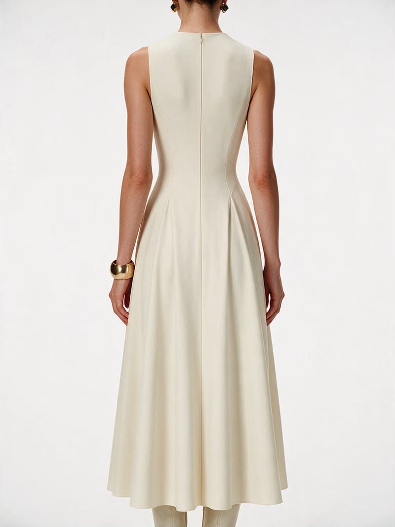 Valeria Flared High Neck Midi Dress - Ivory