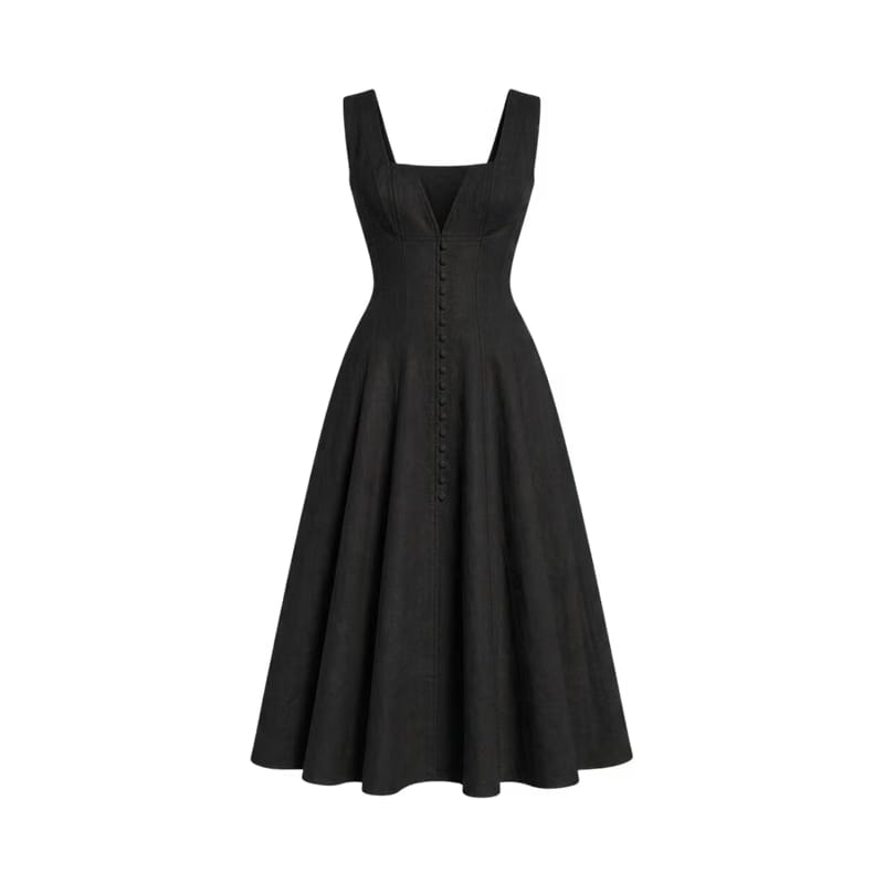 Valeria Gathered Square Neck Midi Dress - Black