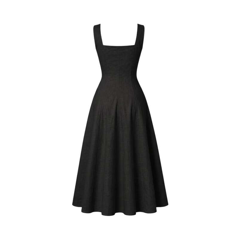 Valeria Gathered Square Neck Midi Dress - Black