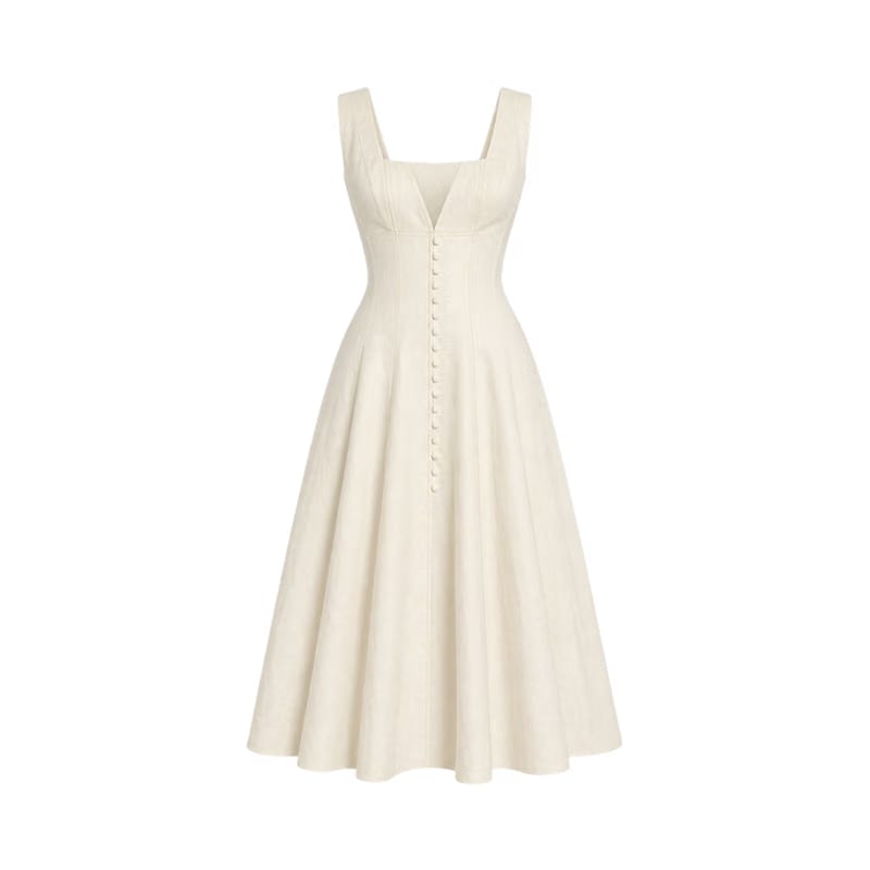 Valeria Gathered Square Neck Midi Dress - Ivory