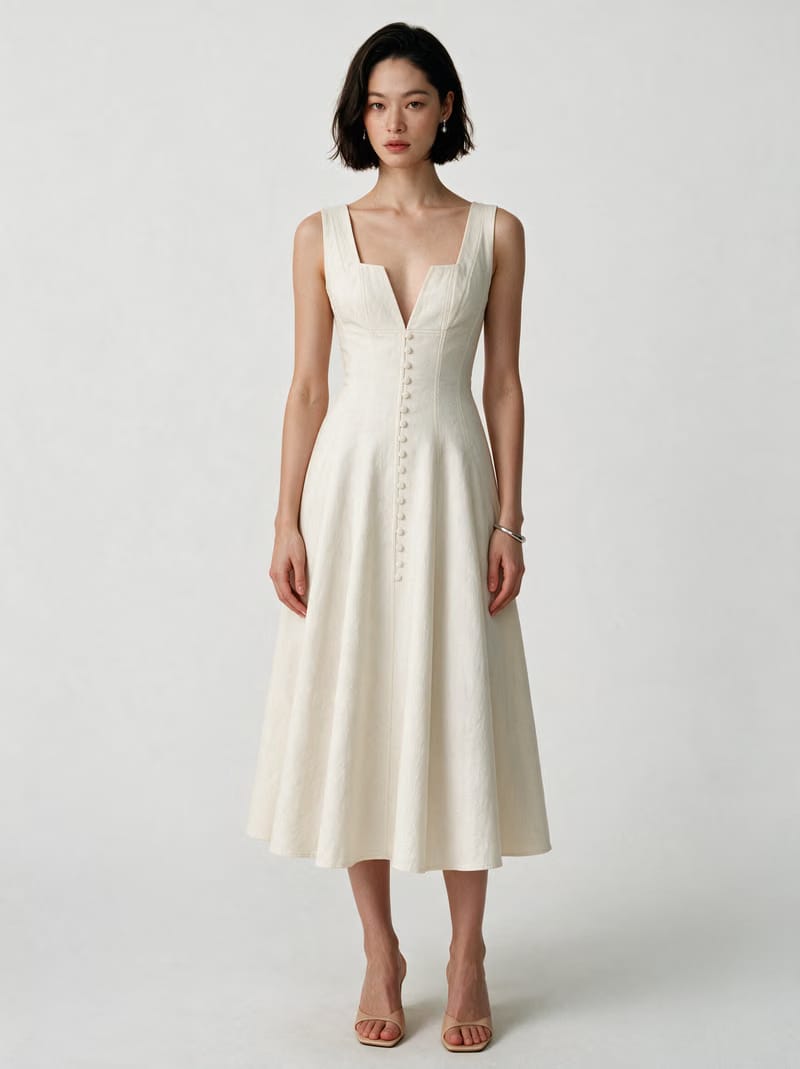 Valeria Gathered Square Neck Midi Dress - Ivory