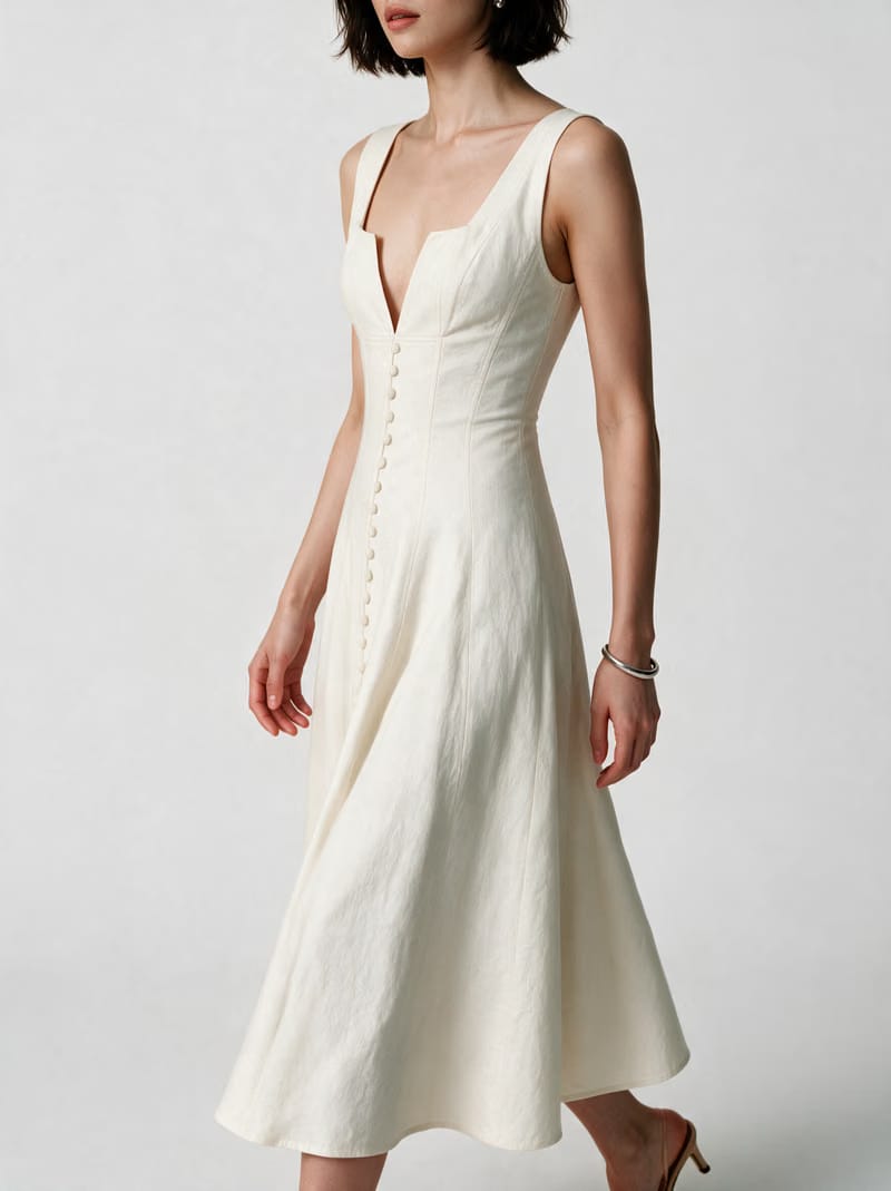 Valeria Gathered Square Neck Midi Dress - Ivory
