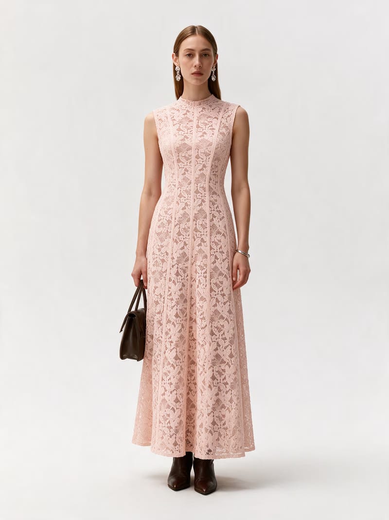 Valeria Lace Column Maxi Dress - Peach
