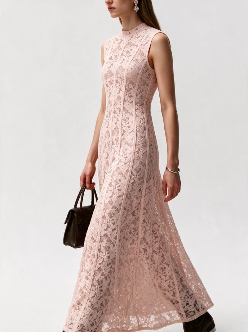 Valeria Lace Column Maxi Dress - Peach