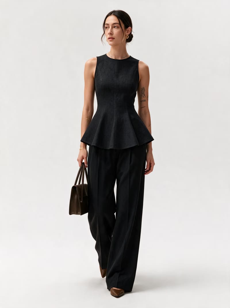 Valeria Linen Peplum Top - Black