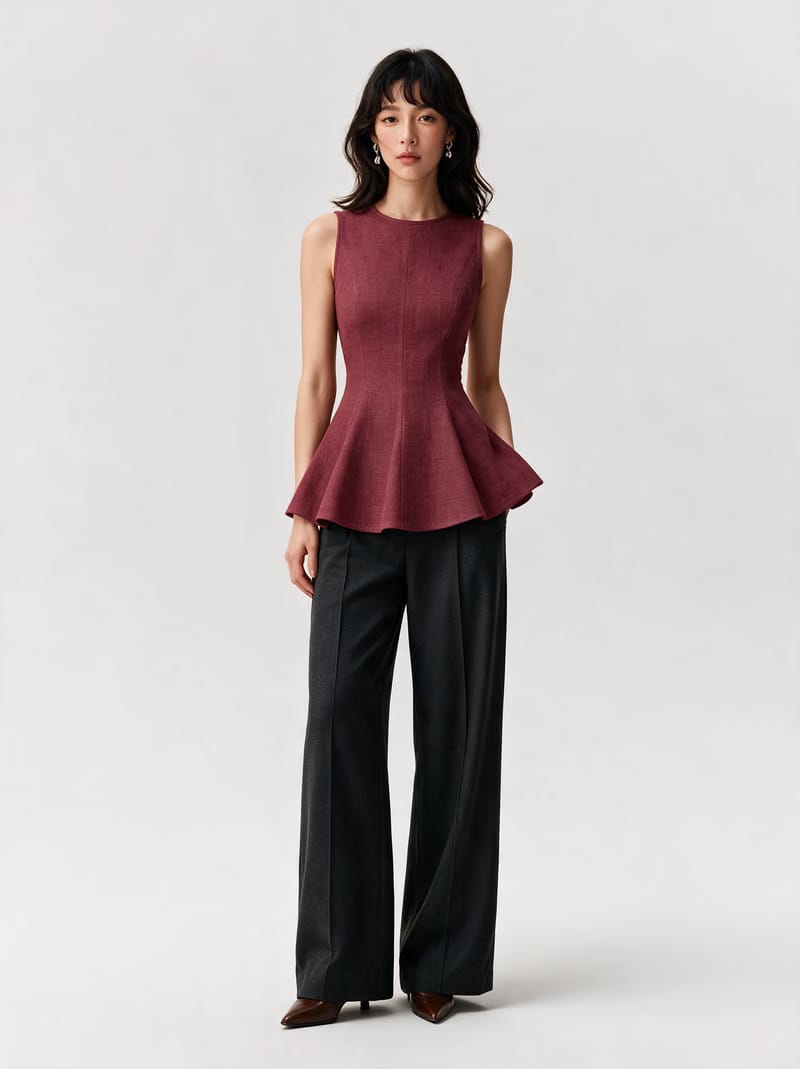 Valeria Linen Peplum Top - Deep Wine