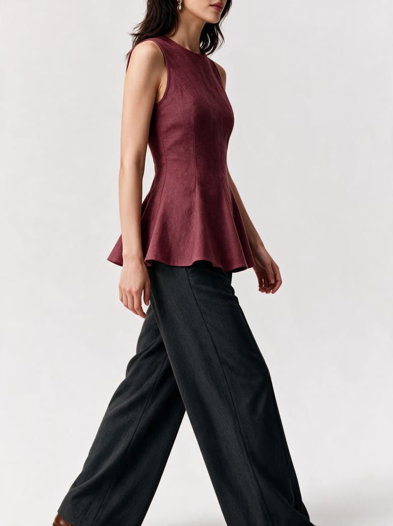 Valeria Linen Peplum Top - Deep Wine