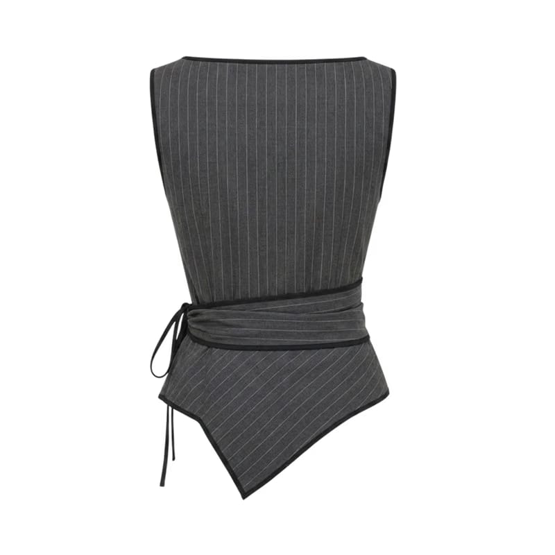 Valeria Pinstripe Asymmetric Wrap Top - Charcoal Pinstripe