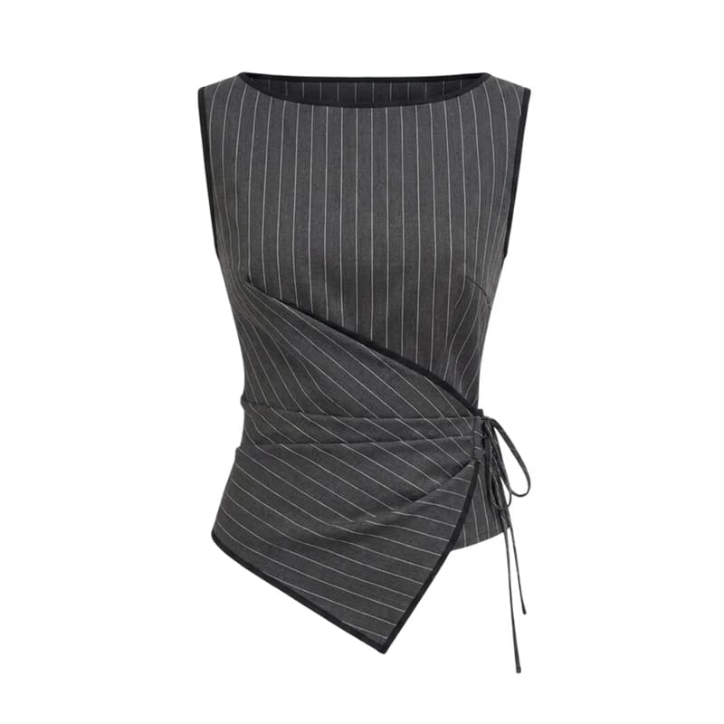 Valeria Pinstripe Asymmetric Wrap Top - Charcoal Pinstripe
