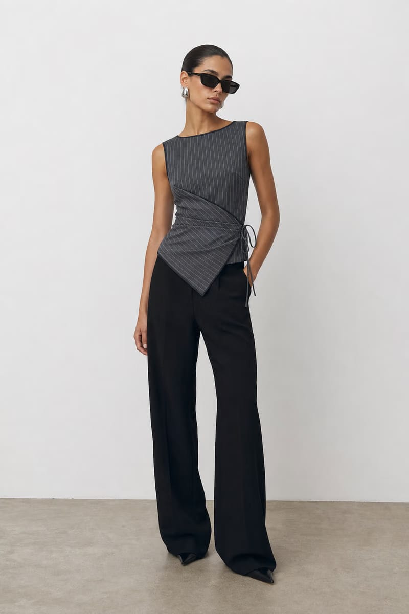 Valeria Pinstripe Asymmetric Wrap Top - Charcoal Pinstripe