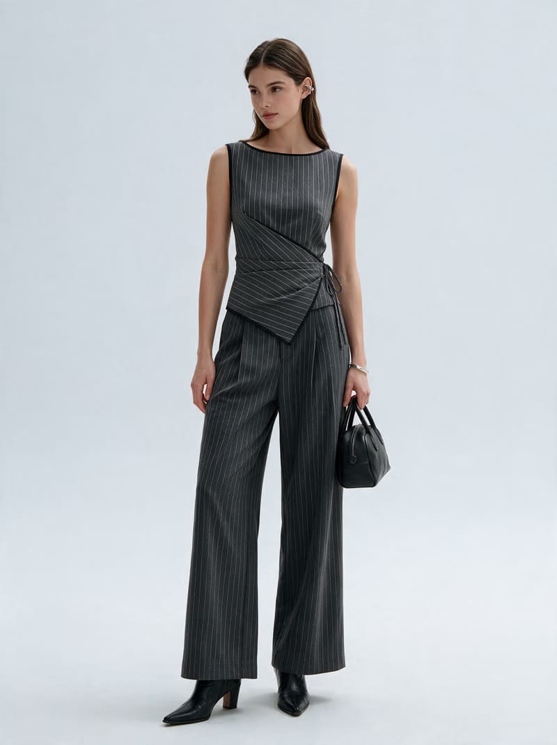 Valeria Pinstripe Asymmetric Wrap Top - Charcoal Pinstripe